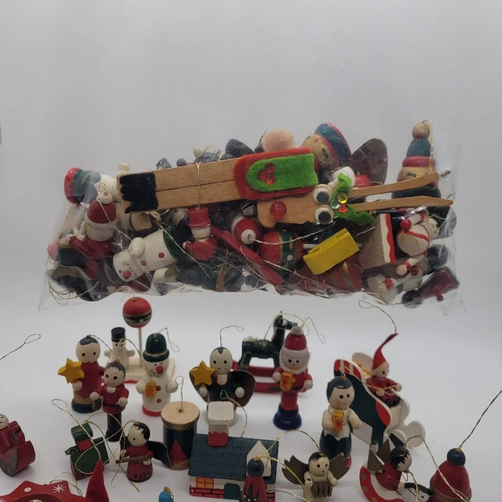 Vintage Not so Mystery Lot of 25 Wooden Christmas Ornaments Folk Art